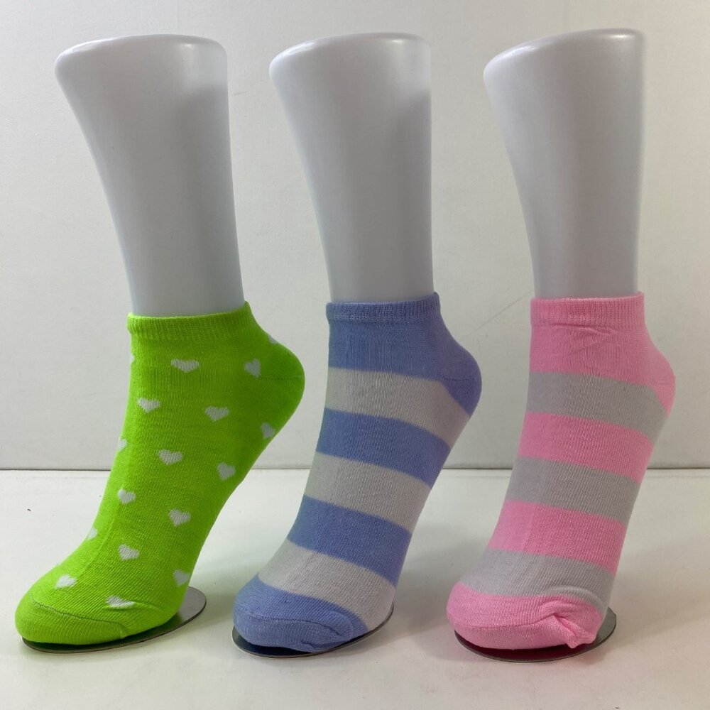 Womens Ankle Socks Set 3 Stripes Polka Dots Green Blue Pink White